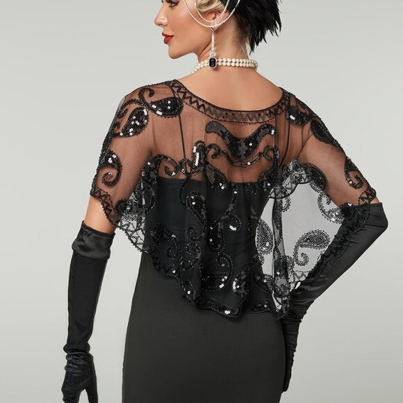 1920s Shawl Wraps Sequin Beaded Evening Cape Bridal Shawl Bolero Flapper Cover U - Picture 3 of 5